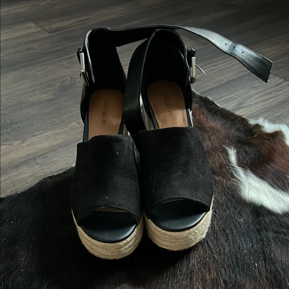 Black Wedge Sandals with Buckle